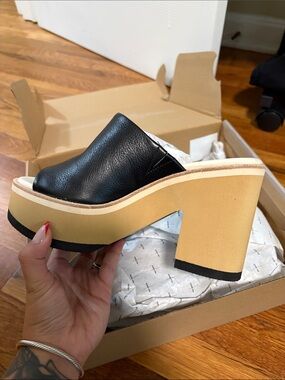 Dolce Vita Black Leather Platform Mule with Tan Block Heel